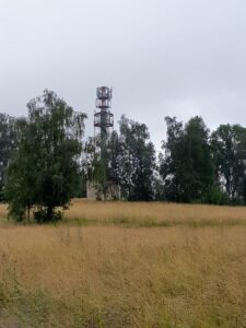 Pohled na rozhlednu - kolem jsou stromy, v popředí tráva